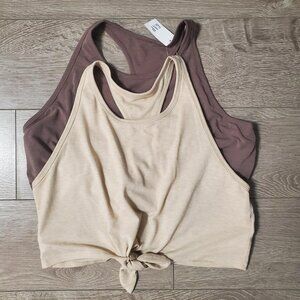 Gap Fit Breathe Tie-Front Cropped Brami Tank Top Set 2 Pack Brown & Beige Large